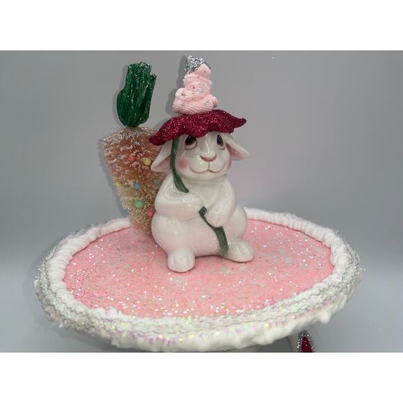 Vintage Ceramic Bunny Sitting on Cake Stand Bottle Brush Carrott Tree Flower Hat - Picture 7 of 16